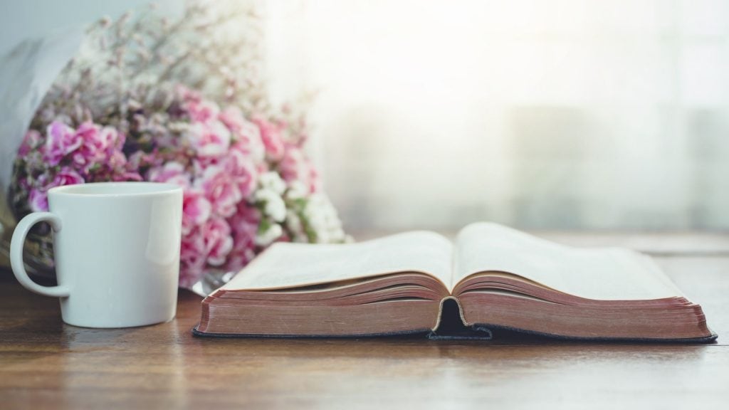 Read-the-Bible-in-One-Year-with-a-cup-of-coffee-and-pink-flowers