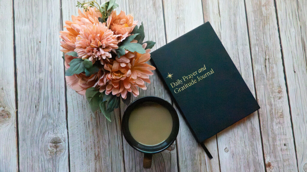 fall bible flatlay, prayer journal, gratitude journal, cup of coffee