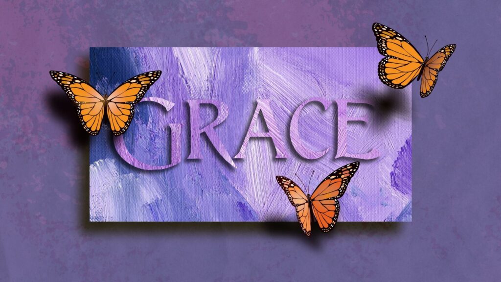purple background with butterflies and the words grace across it