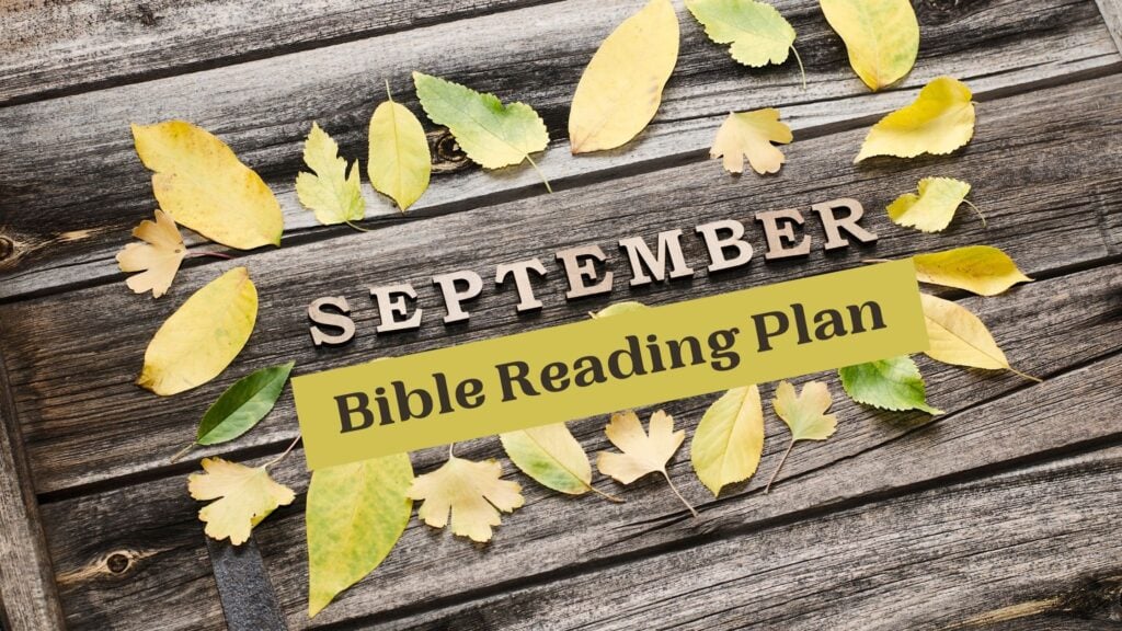 September Bible Reading Plan writte on a wooden pallet with yellow leaves scattered around it