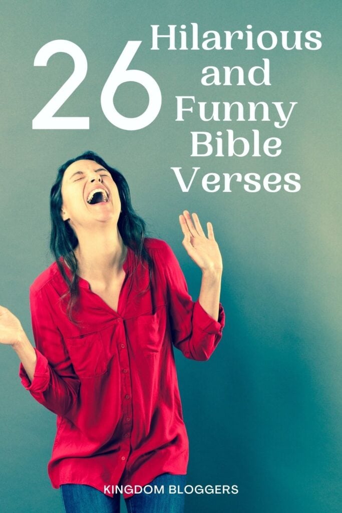 Woman laughing with a sign behind her that says 26 Funny Bible Verses