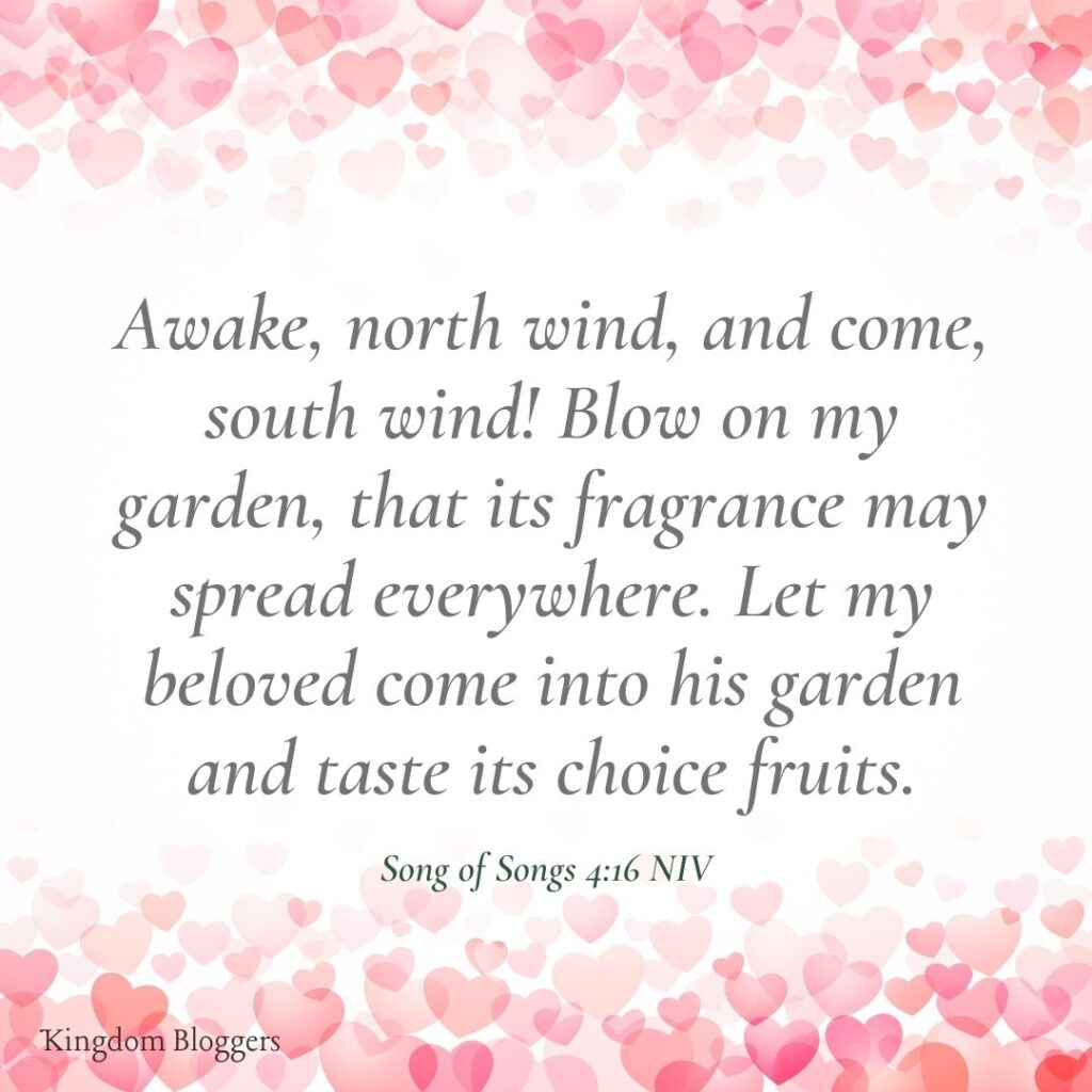 valentines day scripture  song of songs 4.16 on a colorful background 
