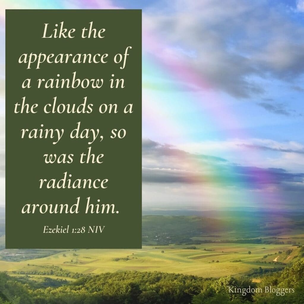Bible verse about rainbows Ezekiel 1 28 on a backdrop of a rainbowover a large field