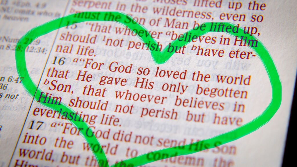 a Bible verse highlighted with a green heart