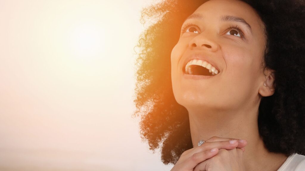 happy woman looking up