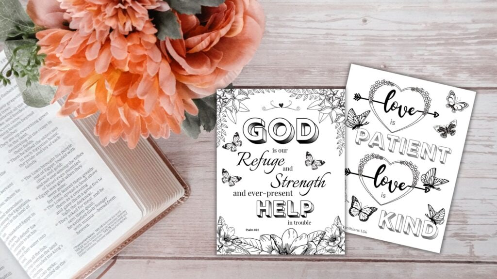 wooden desk with a mockup of bible verse coloring pages