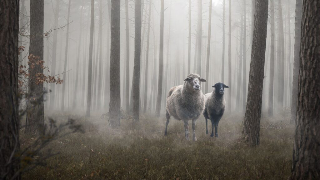 black and white picture of 2 sheep in the woods